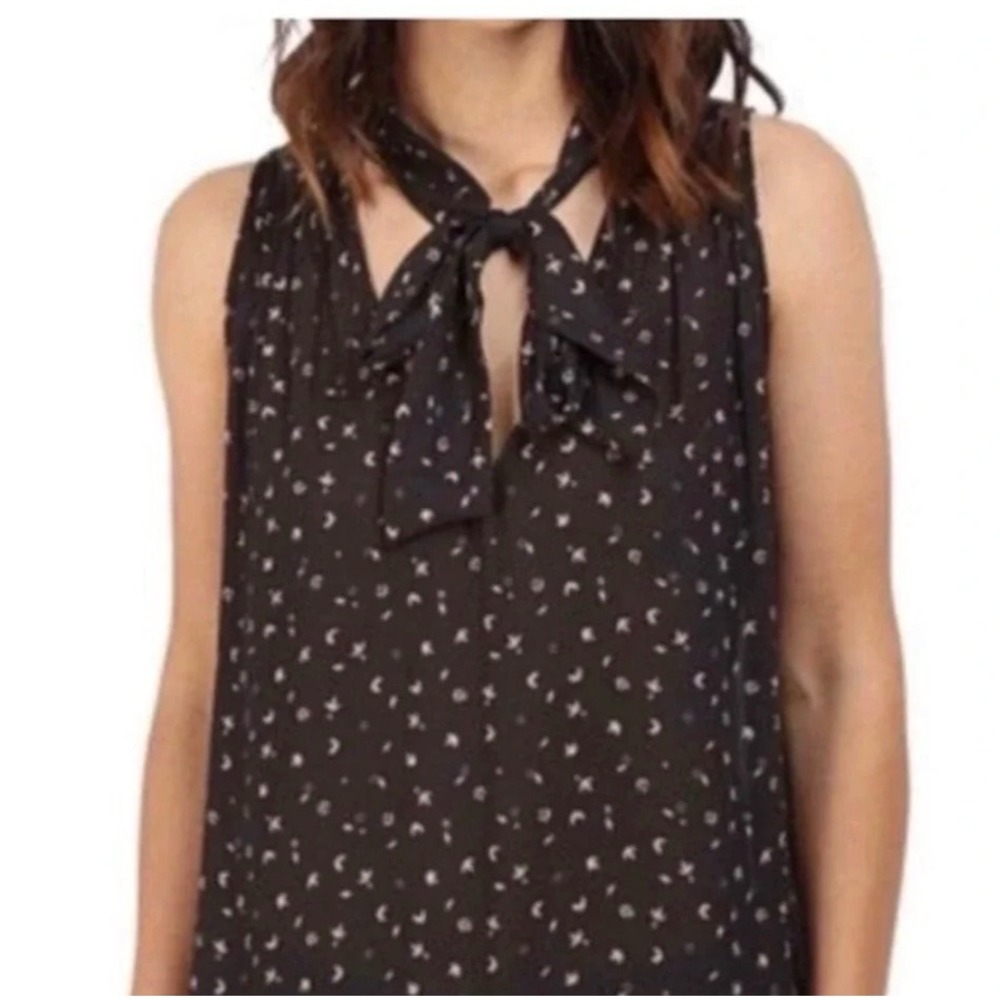 Free People Womens Sleeveless Tie Neck Blouse Grey/Black Pink Print Top XS